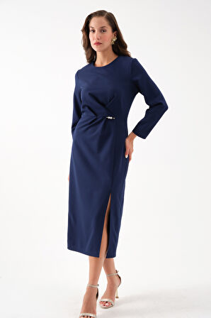 Kadın Lacivert İnci Detay Midi Davet Elbisesi