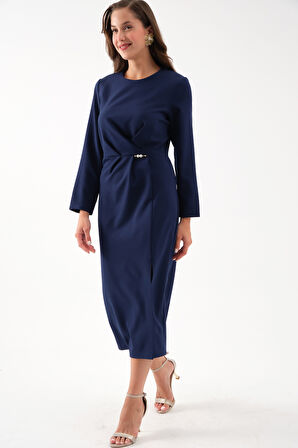 Kadın Lacivert İnci Detay Midi Davet Elbisesi