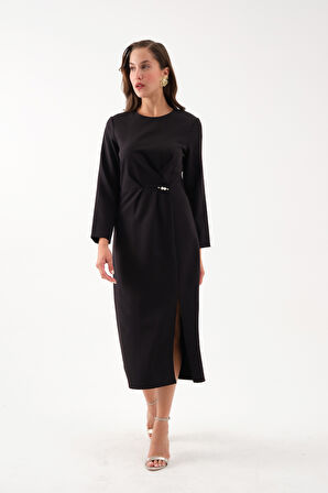 Kadın Siyah İnci Detay Midi Davet Elbisesi