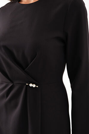 Kadın Siyah İnci Detay Midi Davet Elbisesi
