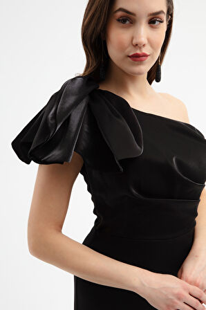 Kadın Siyah Organze Detay Midi Söz Nişan Nikah Abiye Elbise