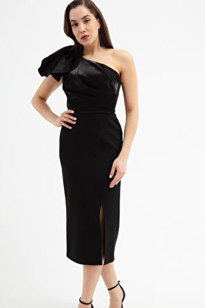 Kadın Siyah Organze Detay Midi Söz Nişan Nikah Abiye Elbise