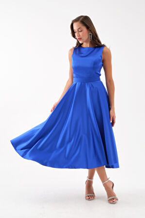 Kadın Saks Kalın Askılı Kemerli Midi Abiye Elbise