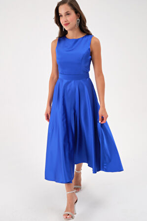 Kadın Saks Kalın Askılı Kemerli Midi Abiye Elbise