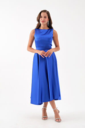 Kadın Saks Kalın Askılı Kemerli Midi Abiye Elbise