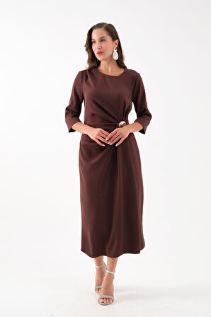 Kadın Kahverengi Aksesuar Detay Midi Elbise