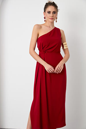 Kadın Bordo Tek Omuz Midi Elbise