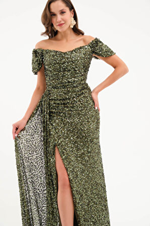 Kadın Haki Pul Payet İşlemeli Uzun Abiye Elbise