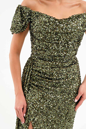 Kadın Haki Pul Payet İşlemeli Uzun Abiye Elbise