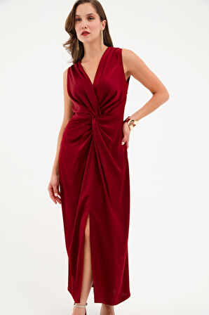 Kadın Bordo Düğüm Detaylı Midi Saten Elbise