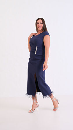 Kadın Lacivert Büyük Beden Otrişli Söz Nişan Nikah Abiye Elbise 