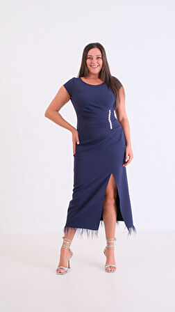 Kadın Lacivert Büyük Beden Otrişli Söz Nişan Nikah Abiye Elbise 