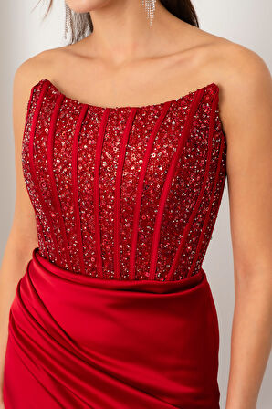 Kadın Bordo Balen Korse Detaylı Taşlı Uzun Abiye Elbise