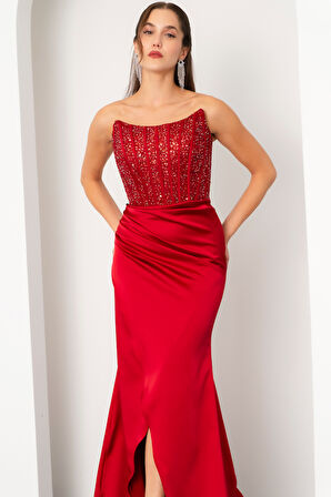 Kadın Bordo Balen Korse Detaylı Taşlı Uzun Abiye Elbise