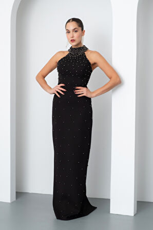 Kadın Siyah-Gri Halter Yaka İncili Söz Nişan Nikah Abiye Elbise