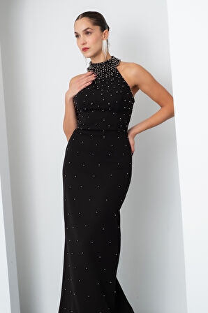 Kadın Siyah-Gri Halter Yaka İncili Söz Nişan Nikah Abiye Elbise