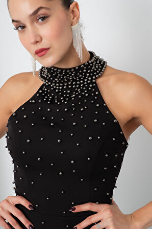 Kadın Siyah-Gri Halter Yaka İncili Söz Nişan Nikah Abiye Elbise