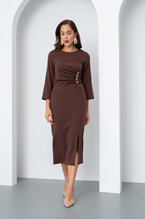 Kadın Kahverengi Düğme Detay Midi Davet Elbisesi