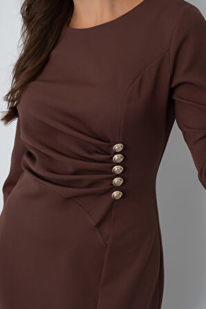 Kadın Kahverengi Düğme Detay Midi Davet Elbisesi