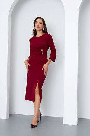 Kadın Bordo Düğme Detay Midi Davet Elbisesi