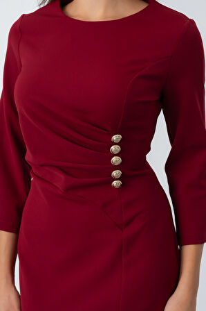 Kadın Bordo Düğme Detay Midi Davet Elbisesi