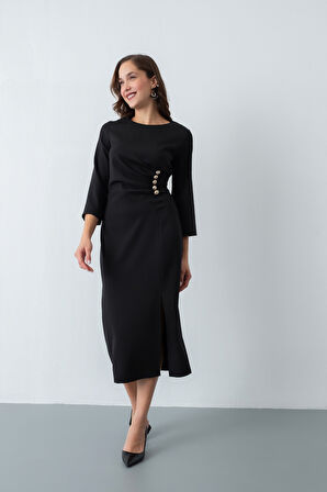 Kadın Siyah Düğme Detay Midi Davet Elbisesi