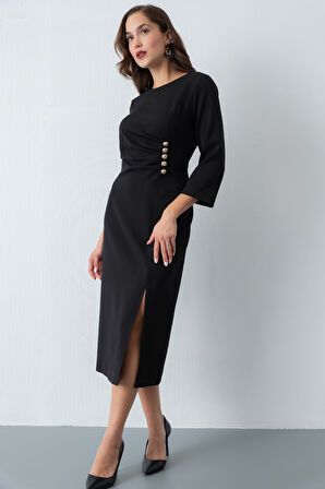 Kadın Siyah Düğme Detay Midi Davet Elbisesi