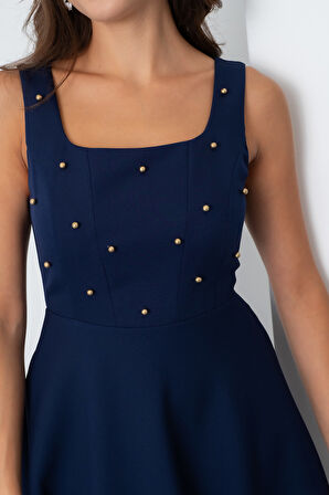 Kadın Lacivert Kare Yaka İncili Midi Elbise