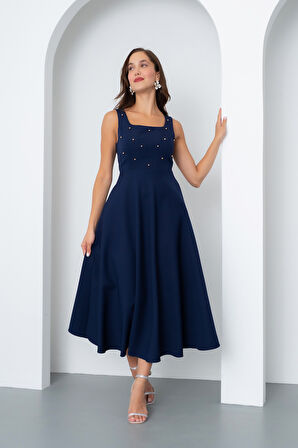 Kadın Lacivert Kare Yaka İncili Midi Elbise