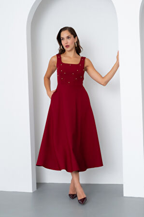 Kadın Bordo Kare Yaka İncili Midi Elbise