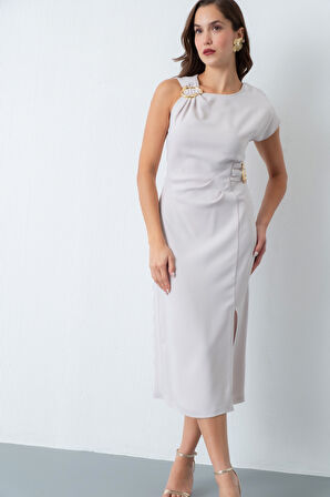 Kadın Bej Aksesuar Detay Midi Elbise