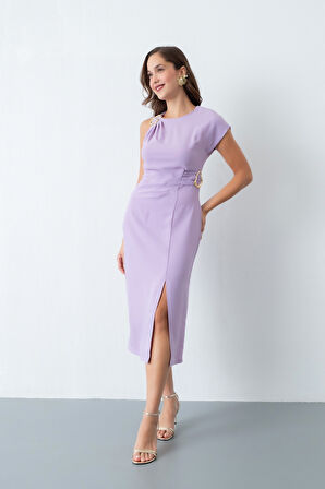 Kadın Lila Aksesuar Detay Midi Elbise