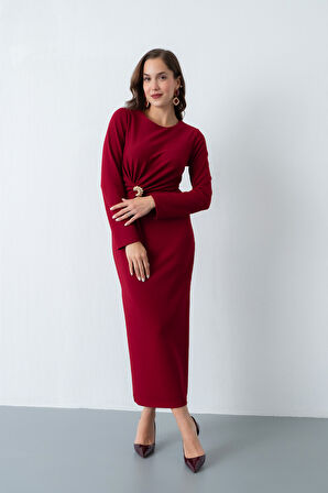 Kadın Bordo Aksesuar Detaylı Davet Elbisesi