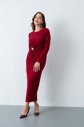 Kadın Bordo Aksesuar Detaylı Davet Elbisesi