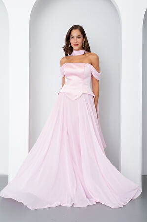 Kadın Pudra Şal Yaka Straplez Söz Nişan Abiye Elbise