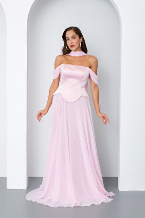 Kadın Pudra Şal Yaka Straplez Söz Nişan Abiye Elbise