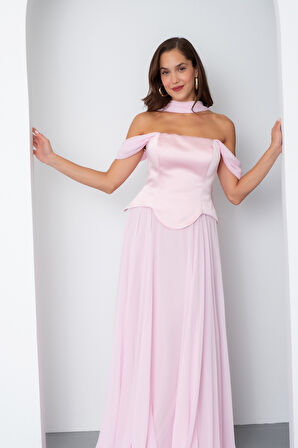 Kadın Pudra Şal Yaka Straplez Söz Nişan Abiye Elbise