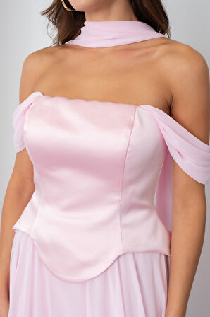 Kadın Pudra Şal Yaka Straplez Söz Nişan Abiye Elbise