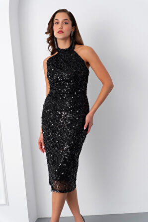 Kadın Siyah Yaka Taş Detay Midi Abiye Elbise