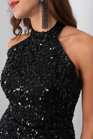 Kadın Siyah Yaka Taş Detay Midi Abiye Elbise