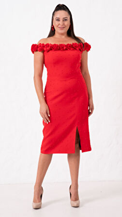 Kadın Kırmızı Yakası Çiçekli İncili Söz Nişan Nikah Abiye Elbise