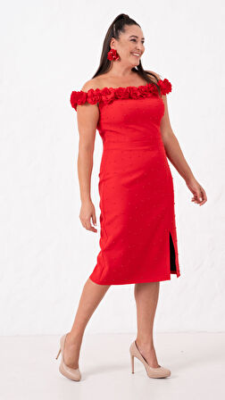 Kadın Kırmızı Yakası Çiçekli İncili Söz Nişan Nikah Abiye Elbise