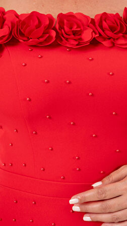 Kadın Kırmızı Yakası Çiçekli İncili Söz Nişan Nikah Abiye Elbise