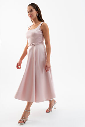 Kadın Pudra Kare Yaka Kemerli Midi Söz Nişan Elbisesi