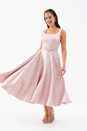 Kadın Pudra Kare Yaka Kemerli Midi Söz Nişan Elbisesi