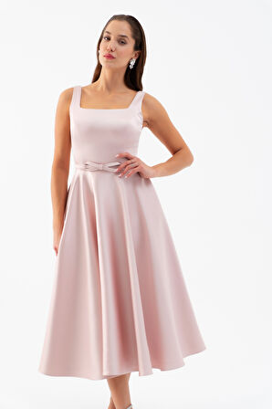 Kadın Pudra Kare Yaka Kemerli Midi Söz Nişan Elbisesi