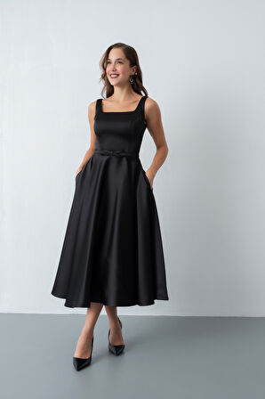 Kadın Siyah Kare Yaka Kemerli Midi Söz Nişan Elbisesi