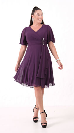 Kadın Mürdüm V Yaka Taşlı Büyük Beden Şifon Abiye Elbise