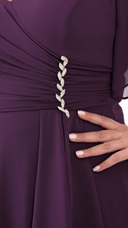 Kadın Mürdüm V Yaka Taşlı Büyük Beden Şifon Abiye Elbise