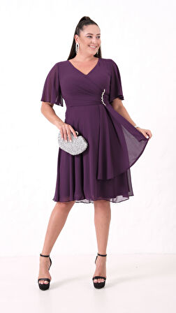 Kadın Mürdüm V Yaka Taşlı Büyük Beden Şifon Abiye Elbise